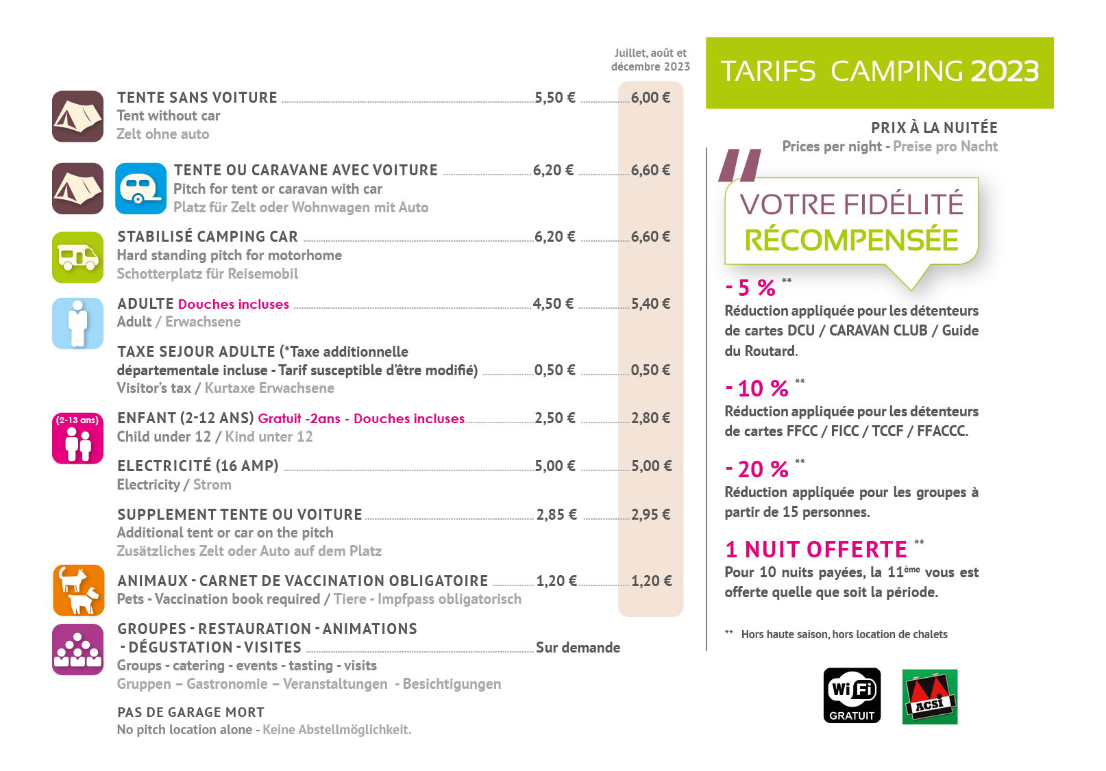 Tarifs camping 2023